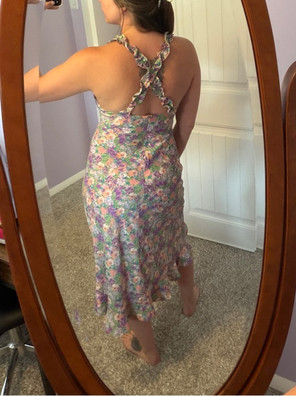 Astr Floral Halter Midi Dress in Purple, Green & Pink - Picture 2 of 6